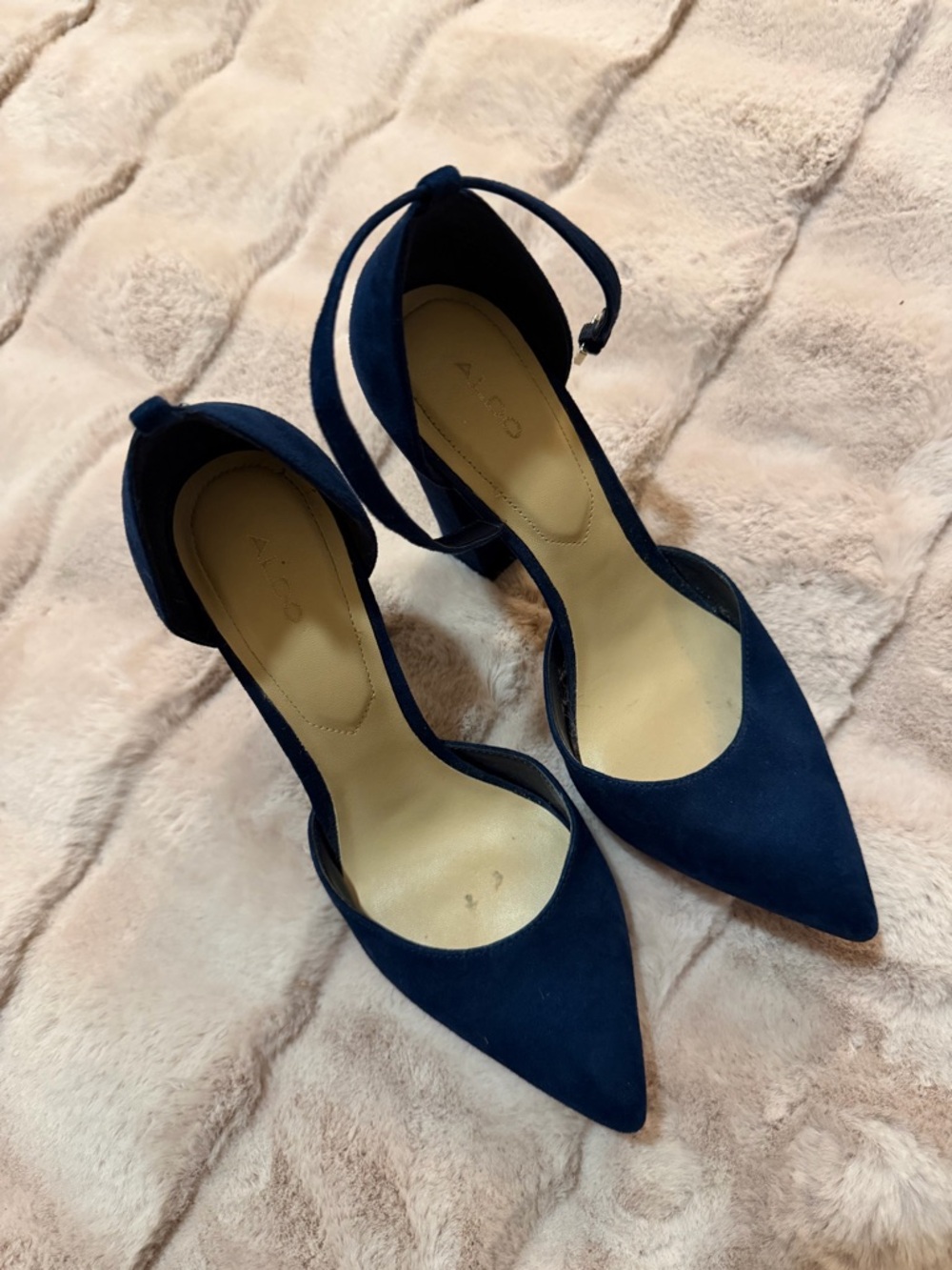 Aldo Navy Suede Pointed Toe Ankle Strap Heels